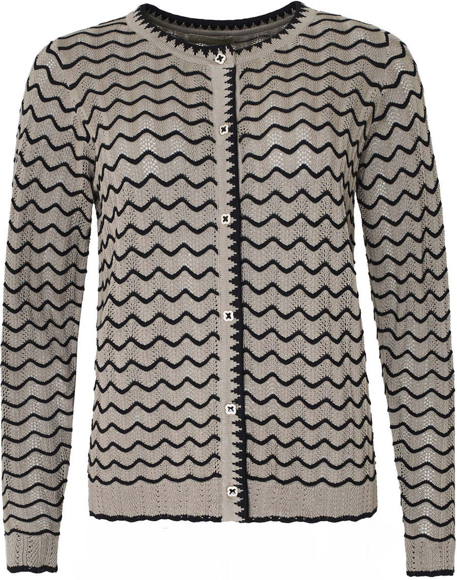 Ofelia Cardigan Ritta Latte Combi Denne cardigan er en klassisk, latte striktrøje med knaplukning foran. Den har en rund halsudskæring og lange ærmer, hvilket gør den perfekt til både hverdag og mere formelle anledninger. Stoffet er let og blødt, hvilket gør den ideel til lag-på-lag outfits. Ofelia Cardigan Ritta Latte Combi som denne er meget alsidige – du kan style den over en skjorte for et professionelt look eller kombinere den med en simpel T-shirt og jeans for en mere afslappet stil.