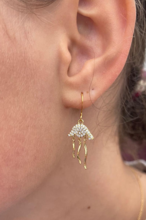 Therslund Smykker Vanja øreringe Vanja øreringene er fremstillet i forgyldt messing og kombinerer elegance med et minimalistisk design. De er udsmykket e smukkeste sten, inspireret af vandmændene fra havet. Øreringene har guldfarvede, som tilføjer lethed og et moderne, svævende look. Stenenes bløde glans står i smuk kontrast til det varme guld og giver øreringene et tidløst, feminint præg. Disse øreringe er alsidige og passer perfekt til: Festlige lejligheder som bryllupper eller middage Et sofistikeret hverdagslook En enkel kjole eller en klassisk skjorte Designet forener klassisk perleelegance med et moderne, let asymmetrisk udtryk, hvilket gør dem til en stilfuld detalje, der kan løfte ethvert outfit. De er den ideelle gaveidé eller et elegant tilbehør til både hverdag og særlige anledninger. Alle vores smykker er nikkel- og blyfri og overholder dansk lovgivning. Smykkerne fremstilles i messing eller rustfrit stål og kombineres ofte med glasperler eller halvædelsten for at skabe unikke og holdbare designs.