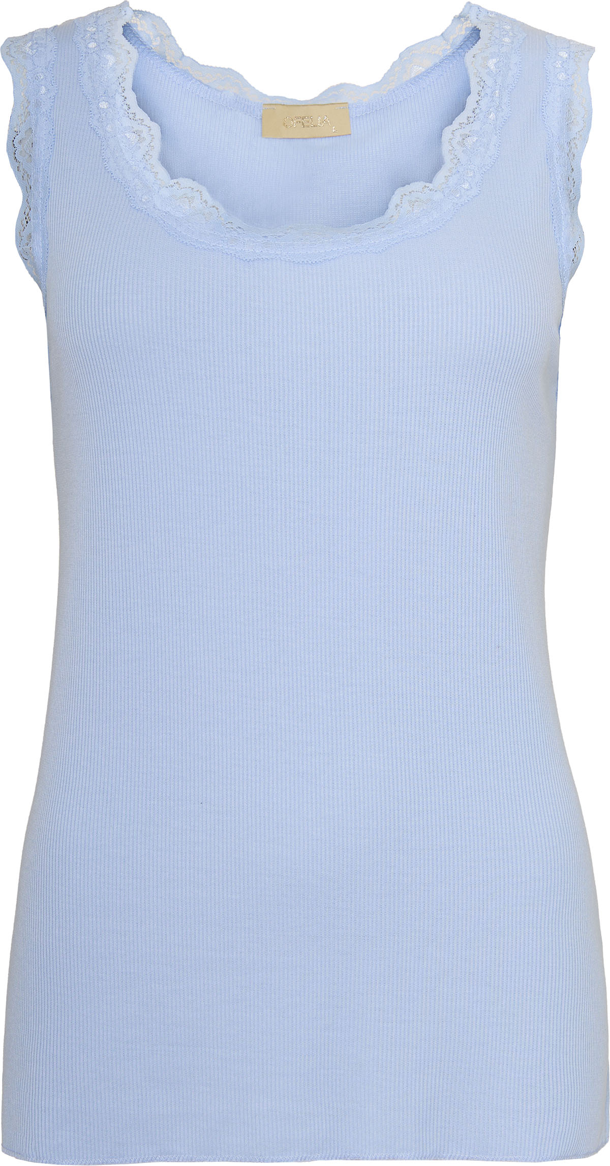 Ofelia Top Issa Blå Ribbet top med blondekant i farve blå Elegant design kombineret med komfort fra Ofelia og en flatterende pasform, der fremhæver den feminine silhuet. Toppen har en flot riblignende vævning i stoffet samt små, fint vævede blonder ved hals og arme med bølgende kant. Den er designet til at passe perfekt til enhver lejlighed, fra afslappede udflugter til mere formelle begivenheder, og er et uundværligt element i din kollektion. Ofelia top Issa er fremstillet i en førsteklasses polyesterblanding, som sikrer både holdbarhed og en blød følelse mod huden. Materialet er let og åndbart, hvilket gør det ideelt til både hverdag og festlige sammenkomster. 65 % polyester 30 % Viskose 5 % Elastan Ofelia er mærket som kan være med til at tilføje både basale og statement pjeces til dit klædeskab, hvilket gør brandet til et absolut must have.