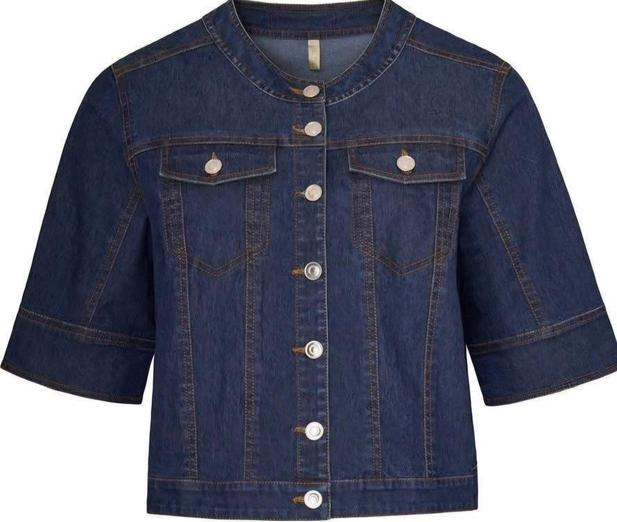Ofelia Jakke Disa Ensfarvet Cowboy jakke med fine detaljer, som giver et roligt og tidløst look. Jakken er kraveløs med rund hals, der gør den enkel at style med T-shirts eller skjorte inden under. Ofelia Jakke Disa er en mørkeblå denim, fin klassisk model, med 3/4 ærmer med vidde velegnet til efterår med en langærmet t-shirts eller skjorte. Denne fine jakke er med knapper og 2 brystlommer med sølvfarvet knapper. Denne cowboy jakke er en kort model