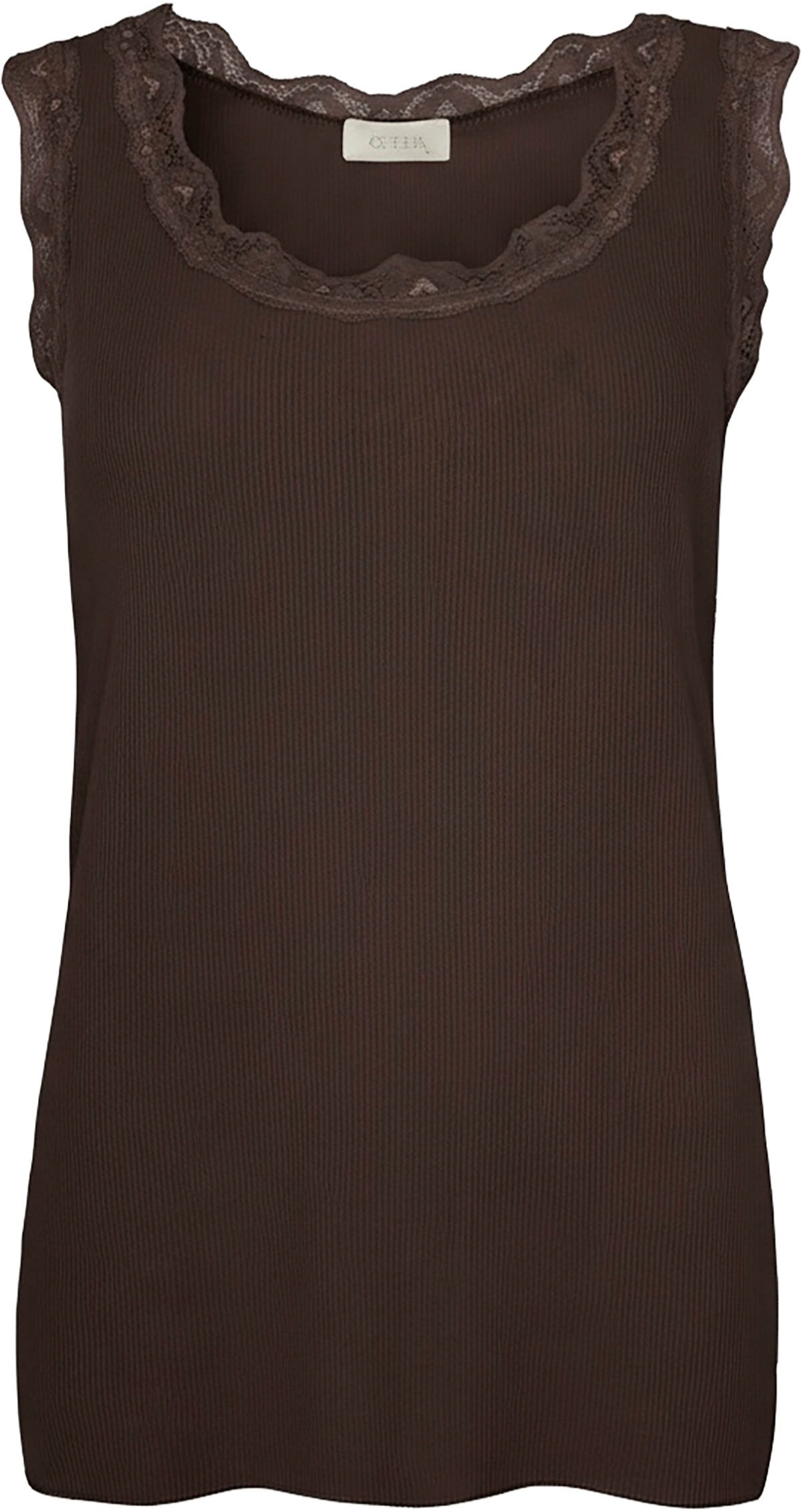 Ofelia Top Issa Brun Ribbet top med blondekant i farve brun Elegant design kombineret med komfort fra Ofelia og en flatterende pasform, der fremhæver den feminine silhuet. Toppen har en flot riblignende vævning i stoffet samt små, fint vævede blonder ved hals og arme med bølgende kant. Den er designet til at passe perfekt til enhver lejlighed, fra afslappede udflugter til mere formelle begivenheder, og er et uundværligt element i din kollektion. Ofelia top Issa er fremstillet i en førsteklasses polyesterblanding, som sikrer både holdbarhed og en blød følelse mod huden. Materialet er let og åndbart, hvilket gør det ideelt til både hverdag og festlige sammenkomster. 65 % polyester 30 % Viskose 5 % Elastan