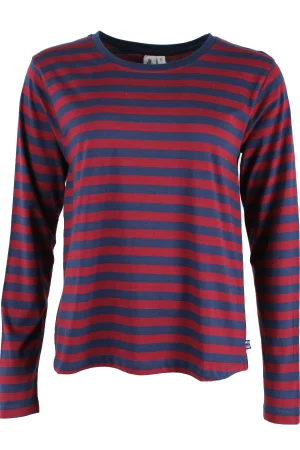 Danefæ Danebasic Dark Cherry/Dark Navy Danefæ Basic spicy red en lækker stribet bluse, i flot blå og og røde striber super behagelig pasform. Blusen har rund halsudskæring og lange ærmer. lækker kvalitet 100 % bomuld Match denne stribet bluse med en nederdel eller et par bukser, eller under en cardigan. Se vores også vores store udvalg af strømpebukser på shoppen.