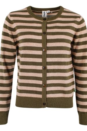 Danefæ Cardigan Glitter Dark Olive Nougat Danefæ Glitter cardigan er den perfekte valg til din efterårs- og vintergarderobe. Den fineste striber. der giver dig både komfortabelt og smart look på de kolde dage. Cardiganen er med lange ærmer og gennemknappes, og har rund hals, hvilket giver et elegant udtryk og let at style med et par jeans eller nederdel