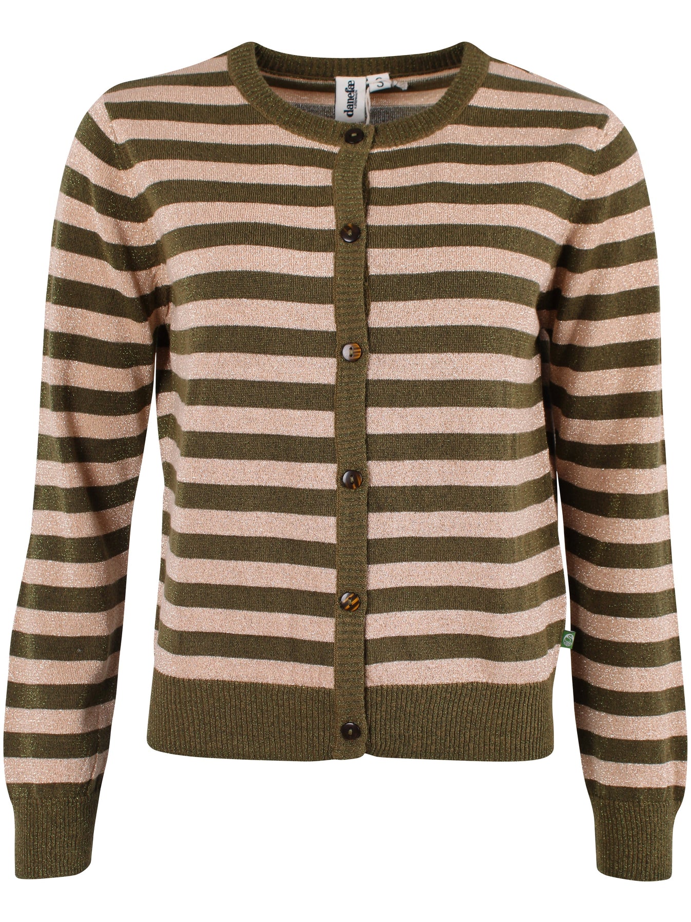 Danefæ Cardigan Glitter Dark Olive Nougat Danefæ Glitter cardigan er den perfekte valg til din efterårs- og vintergarderobe. Den fineste striber. der giver dig både komfortabelt og smart look på de kolde dage. Cardiganen er med lange ærmer og gennemknappes, og har rund hals, hvilket giver et elegant udtryk og let at style med et par jeans eller nederdel