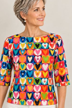 Dazzle Me Bluse Det Hele Handler Om Hjerter Oplev en bluse med et unikt og levende farverigt print, at de skønneste hjerter i en farvet cirkel omgivet at en farvet firkant.der kombinerer smukke nuancer i et harmonisk og iøjnefaldende design. Det feminine og festlige udtryk gør denne bluse til et oplagt valg til både hverdagsbrug og særlige lejligheder. Blusen er designet med en klassisk rund halsudskæring og 3/4 ærmer, som giver et let og luftigt look. Pasformen er behagelig og let figursyet, hvilket sikrer en flatterende silhuet og høj komfort. Materialet er åndbart og skabt til at give dig en følelse af velvære hele dagen. Style blusen med et par jeans for et afslappet og moderne udtryk, eller kombiner den med en nederdel for et mere sofistikeret og elegant look. Dazzle Me Bluse Det Hele Handler Om Hjerter findes kun i et begænset antal,så skynd dig at sikre dig din favorit. Som altid er alle styles fra danske Dazzle Me fremstillet med omtanke og er Øko-Tex-certificerede.
