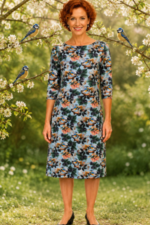 Dazzle Me Kjole For Koldt Til Badning Mild og  skøn efterårs kjole fra danske Dazzle Me. Det fineste efterårsprint Med de smukkeste fugle print med grønne og orange blade, Blomster i lidt coral farver. Kjolen går til under knæet Smuk kjole at gå efteråret i møde med. Dazzle Me Kjole For Koldt Til Badning og er med rund halsudskæring 3/ 4 ærmer og skæring i taljen Som altid er kjolerne fra Danske Dazzle me altid øko tex certificeret